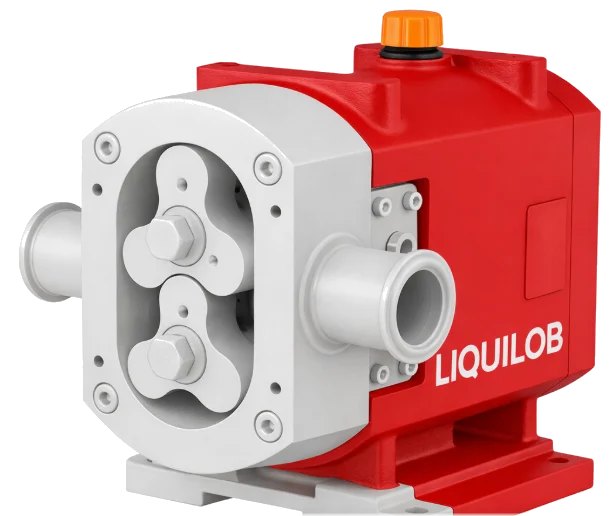 Liquilob loblu rotorlu pompa, ön kapak çıkarılmış halde üç loblu rotor çifti görünür
